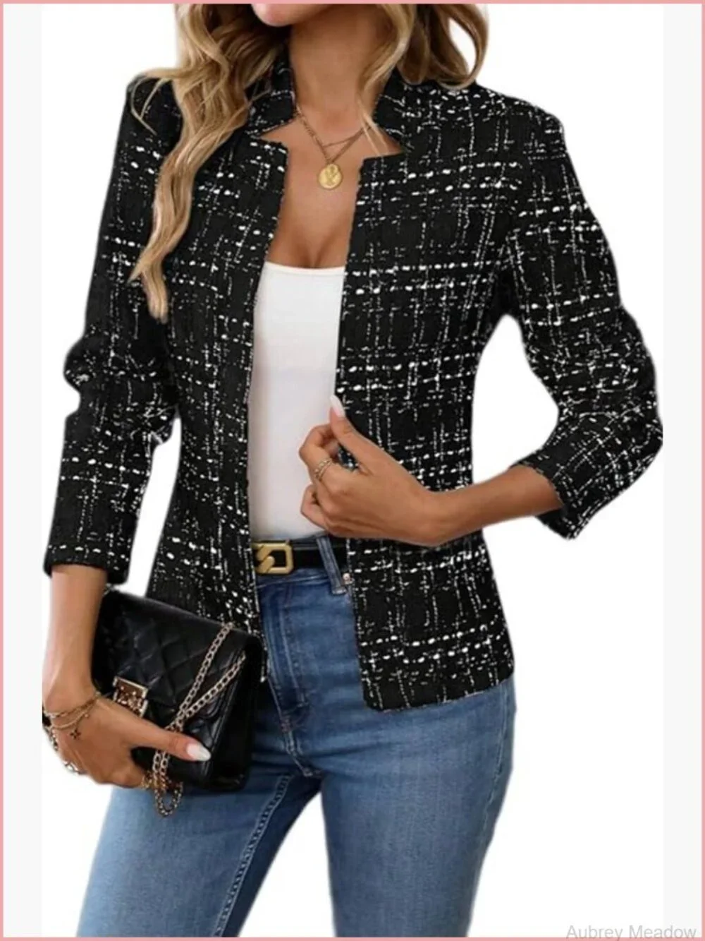 Women's Tweed Open Front Blazer Notch Collar Long Sleeve Fully Lined Business
